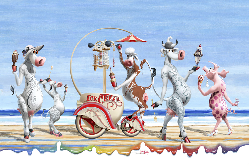 Cow Lick Beach - a painting of cow eating ice cream on a beach.
